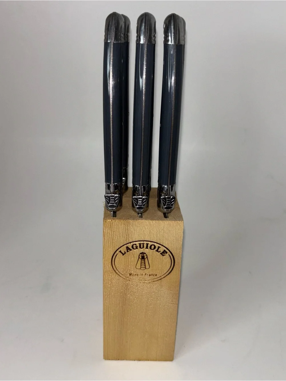 Laguiole Jean Dubost SS 6-Pc STEAK Gray KNIFE SET / Wooden Block France Used but
